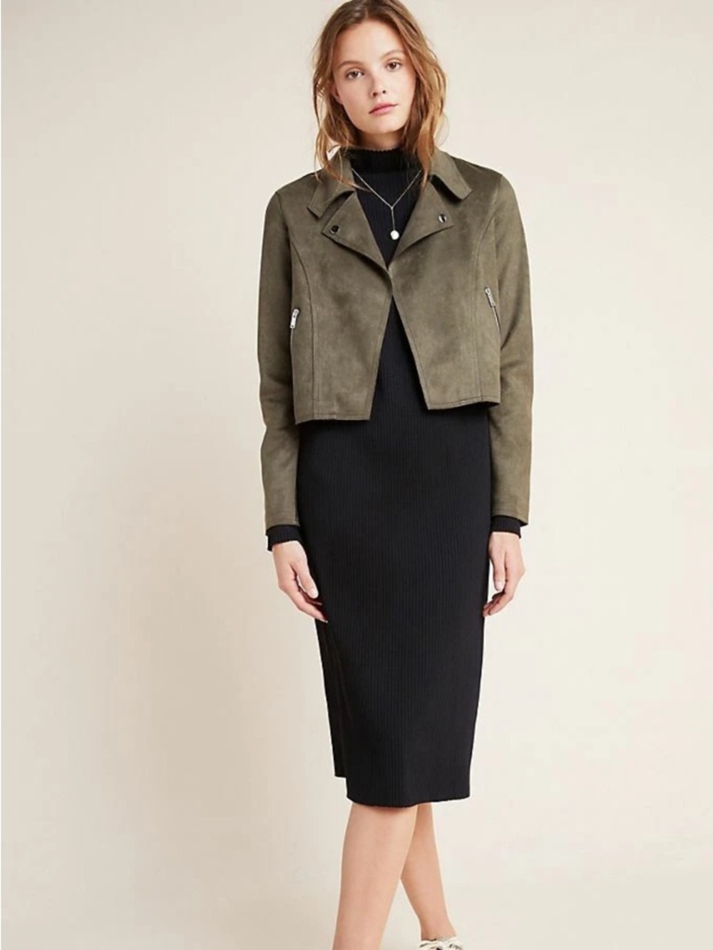Anthropologie‎ Khaki Green Kelyn Sueded Moto Jacket- Size S